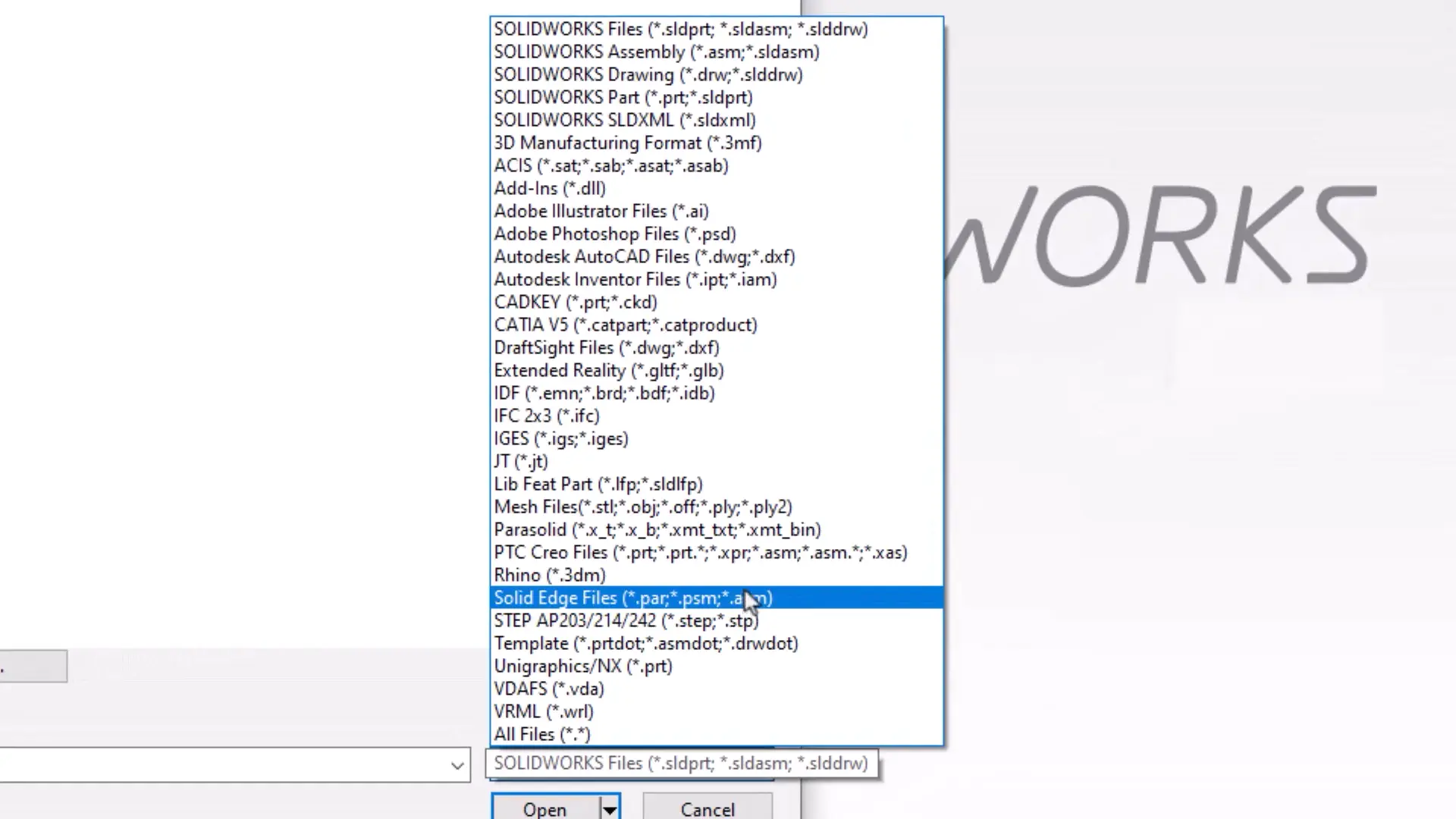 solidworks file format imports