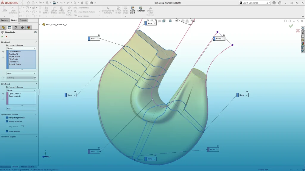 solidworks advanced part modelling - boundary feature hook