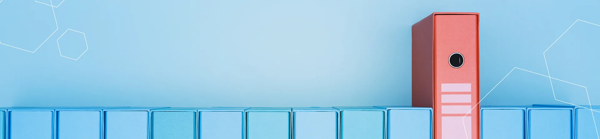 a set of blue box files with one red file selected.