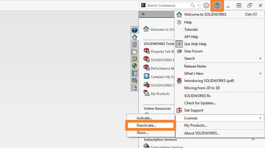 the solidworks help menu is expanded with the deactivation button highlighted by an orange box.