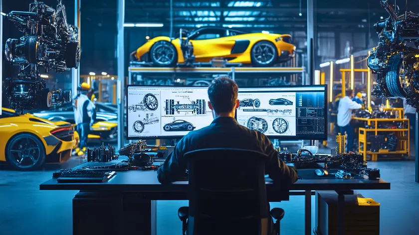 a factory worker focused on a computer screen, analysing data amidst machinery and tools.