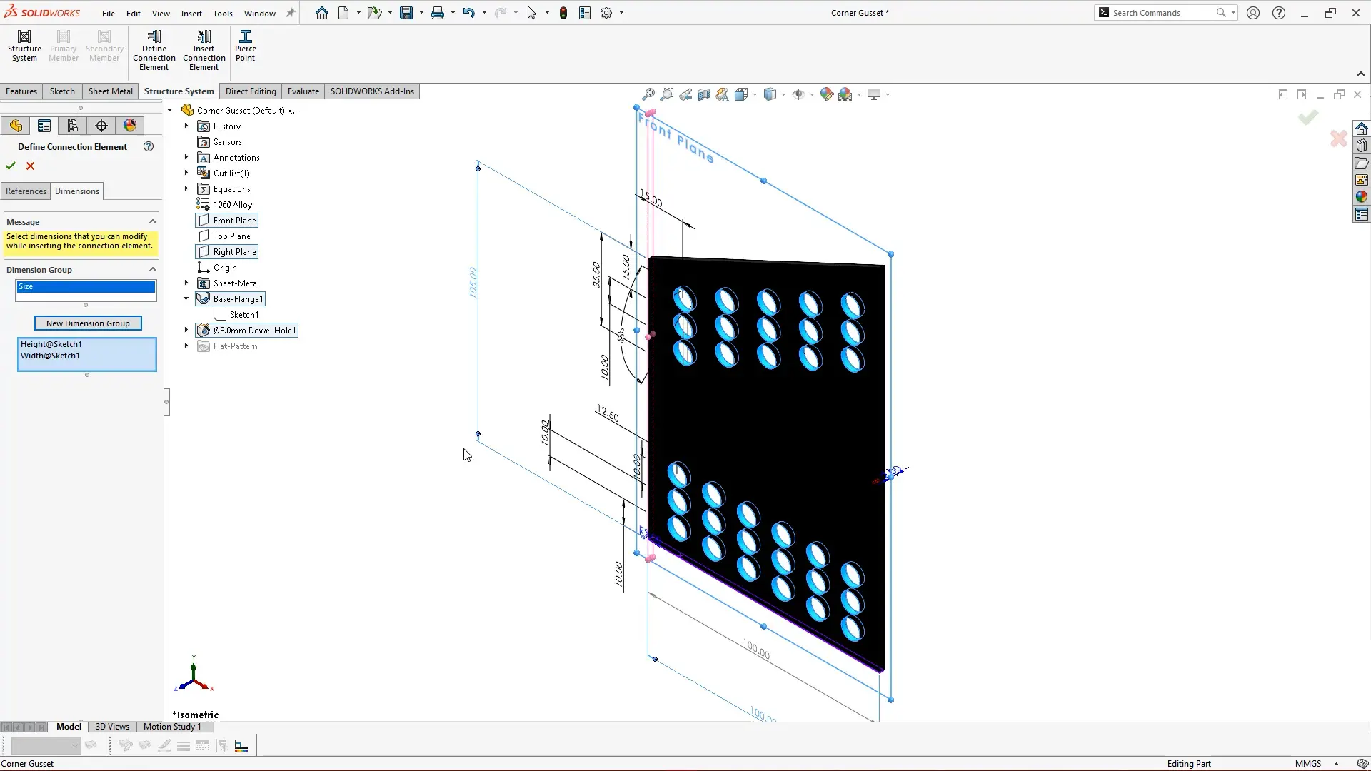 dimension groups for connection elements in solidworks 2022
