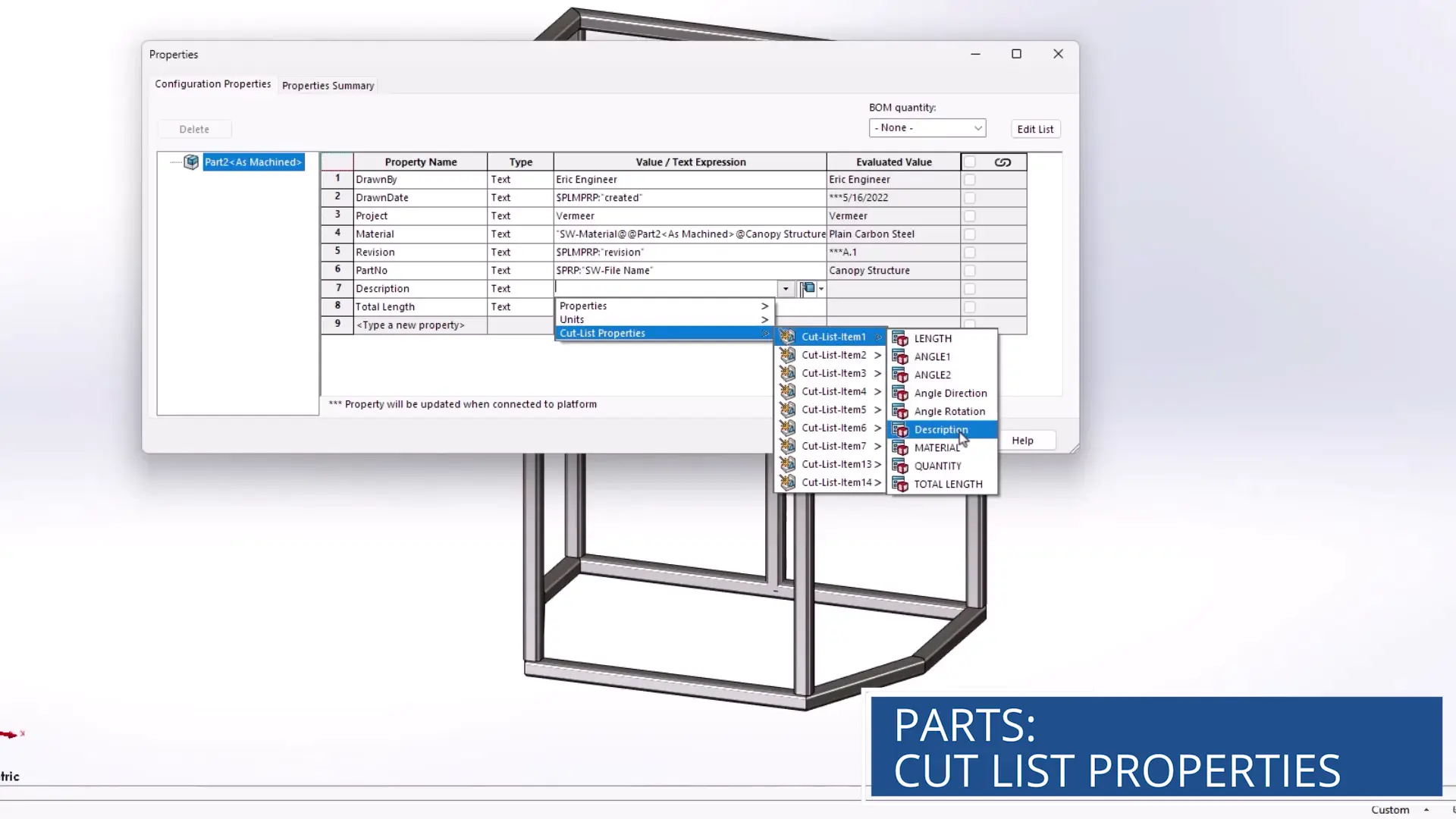 solidworks design 2026 cut list property integration