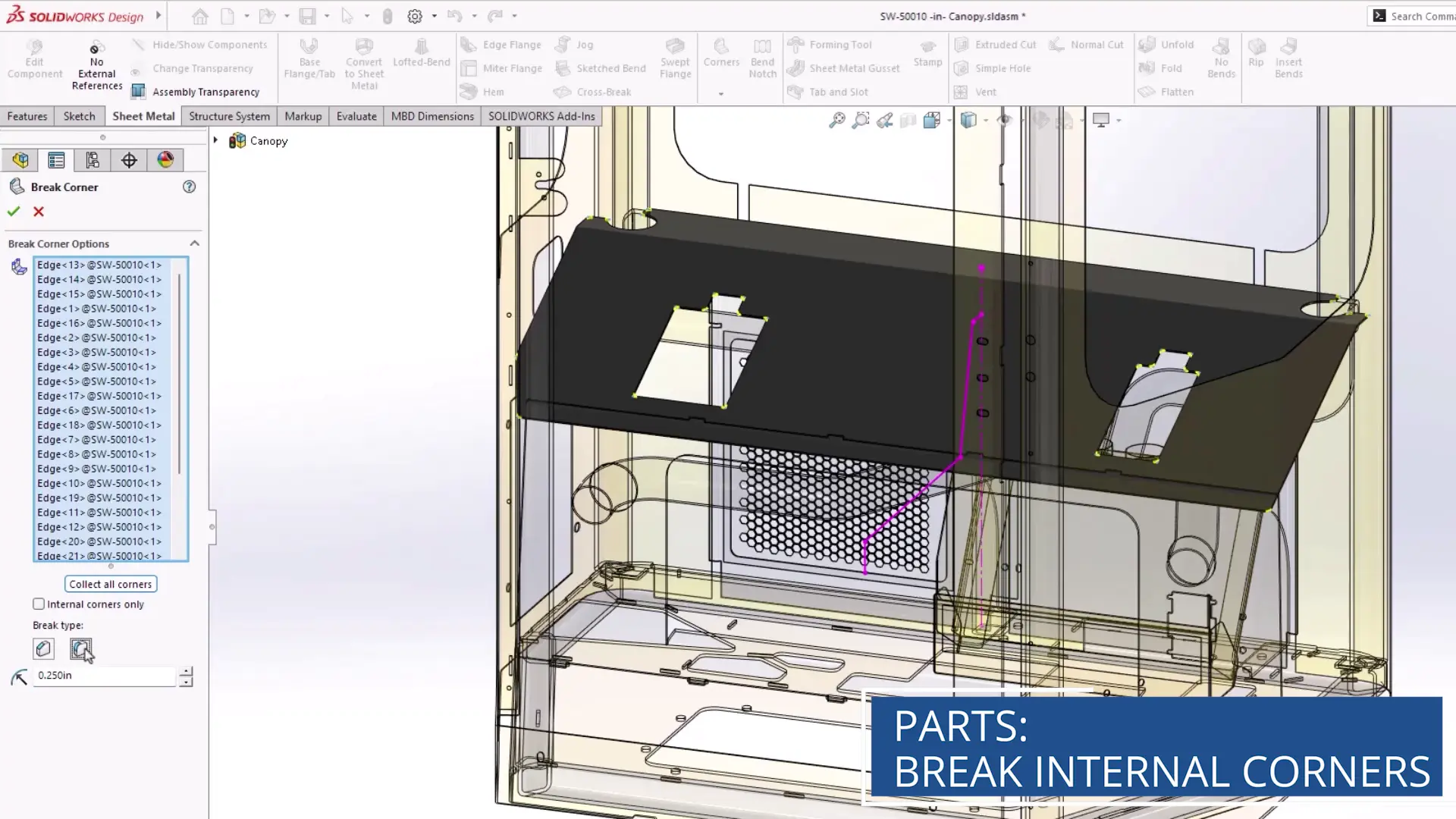 solidworks design 2026 internal corner treatment
