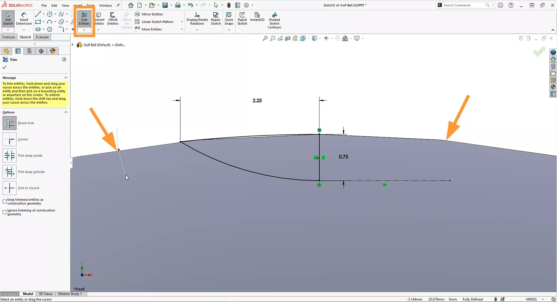 ryder cup 2023: how to model a golf ball in solidworks 7 06 trim edges