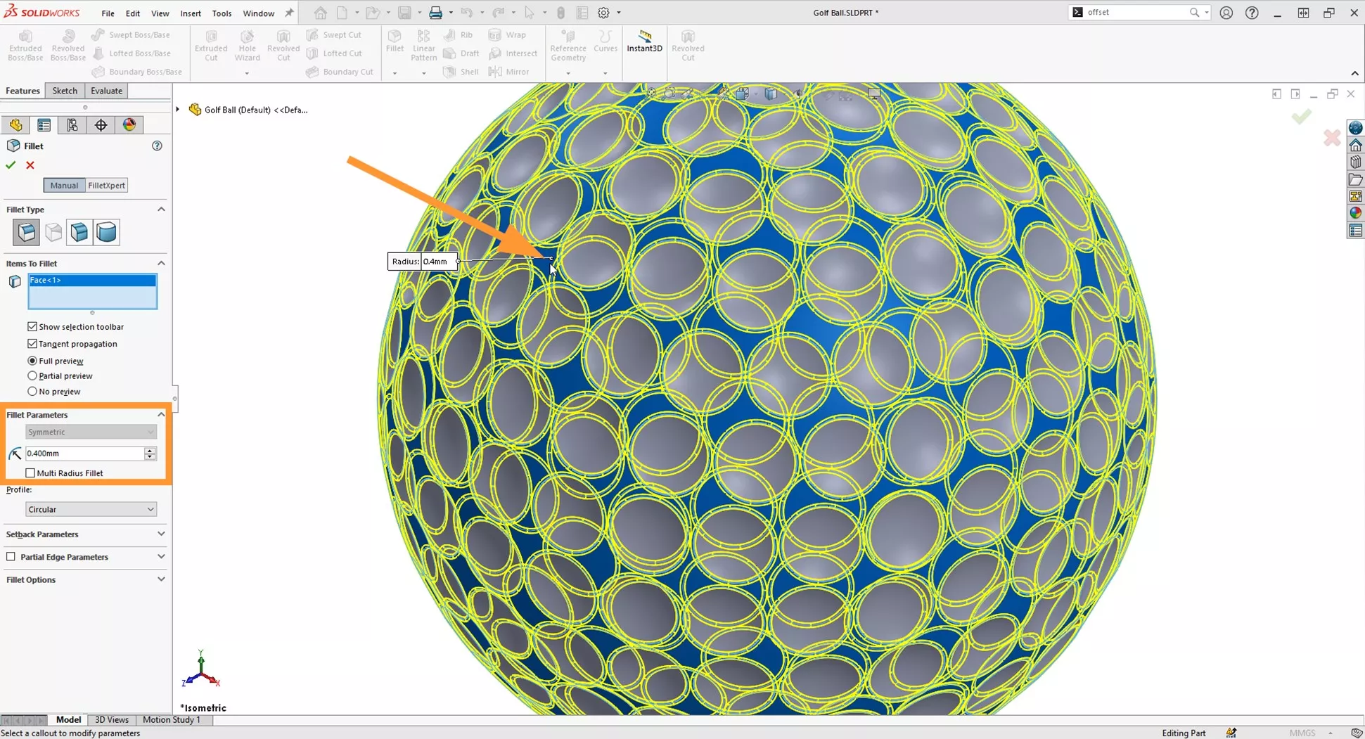 ryder cup 2023: how to model a golf ball in solidworks 14 13 fillet