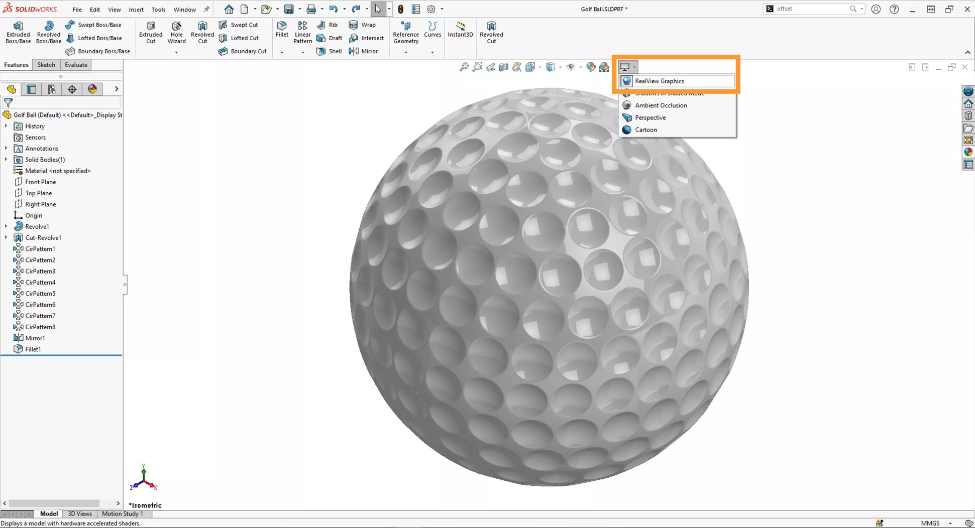 ryder cup 2023: how to model a golf ball in solidworks 17 16 realview