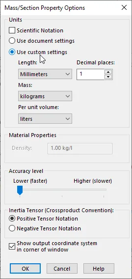 mass properties options